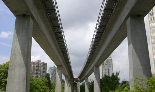 A photograph of the underside of concrete bridges.