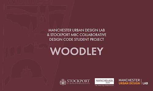 Presentation slide for a student project titled Woodley by Manchester Urban Design Lab and Stockport MBC, featuring logos and faint background illustrations of buildings and Welcome to Woodley.