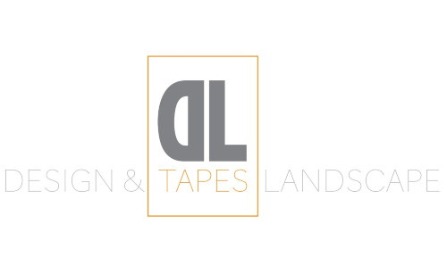 Logo for Tapes Design & Landscape featuring stylised grey lowercase letters d and l inside a thin orange rectangle, with the word TAPES in orange and the rest of the text in light grey.