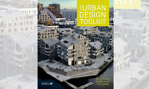 Book cover for The Urban Design Toolkit featuring modern, angular grey apartment buildings clustered around a stepped public waterfront plaza, with canals and dense urban housing in the background.