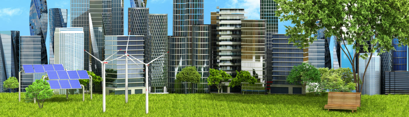 Eco-friendly city with solar panels, wind farms and tress