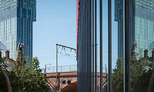 Manchester tram lines and buildings.